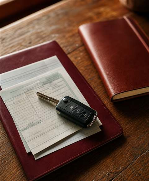 Documentos de veículo organizados sobre mesa de madeira